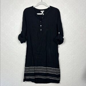 Garnet Hill 100% Linen Tunic Dress Roll Sleeve Black Size 6 Stripes Coastal